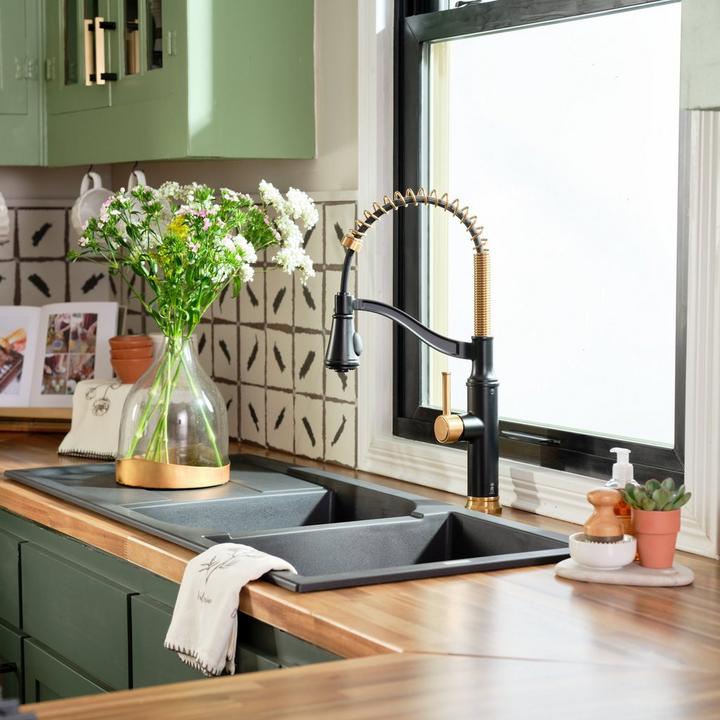 Caribana Single Handle Two-Tone Kitchen Faucet in a bohemian kitchen