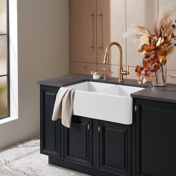 Greyfield Single-Hole Pull-Down Kitchen Faucet in Brushed Gold, 36" Rowena Double Bowl Fireclay Farmhouse Sink