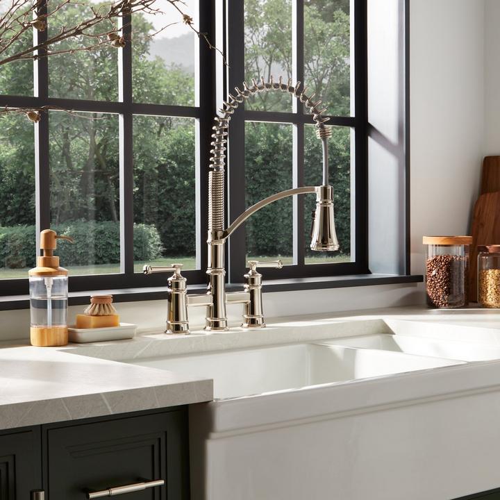 Beasley Kitchen Faucet with Pull-Down Spring Spout in Polished Nickel, 36" Gallo 80/20 Double-Bowl Fireclay Farmhouse Sink