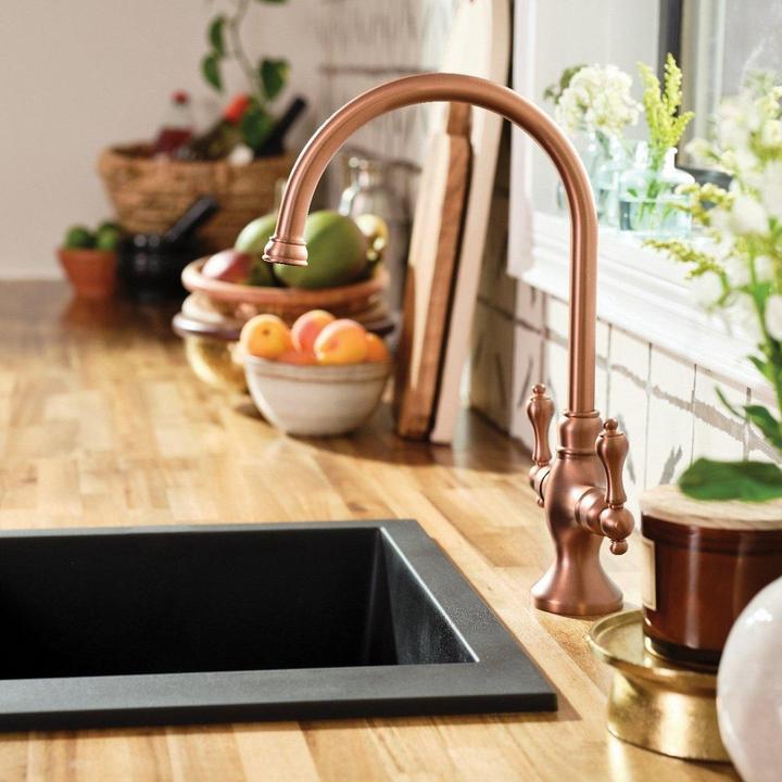 Isabel Single-Hole Gooseneck Bar Faucet in Satin Copper, 17" Totten Granite Composite Dual-Mount Prep Sink