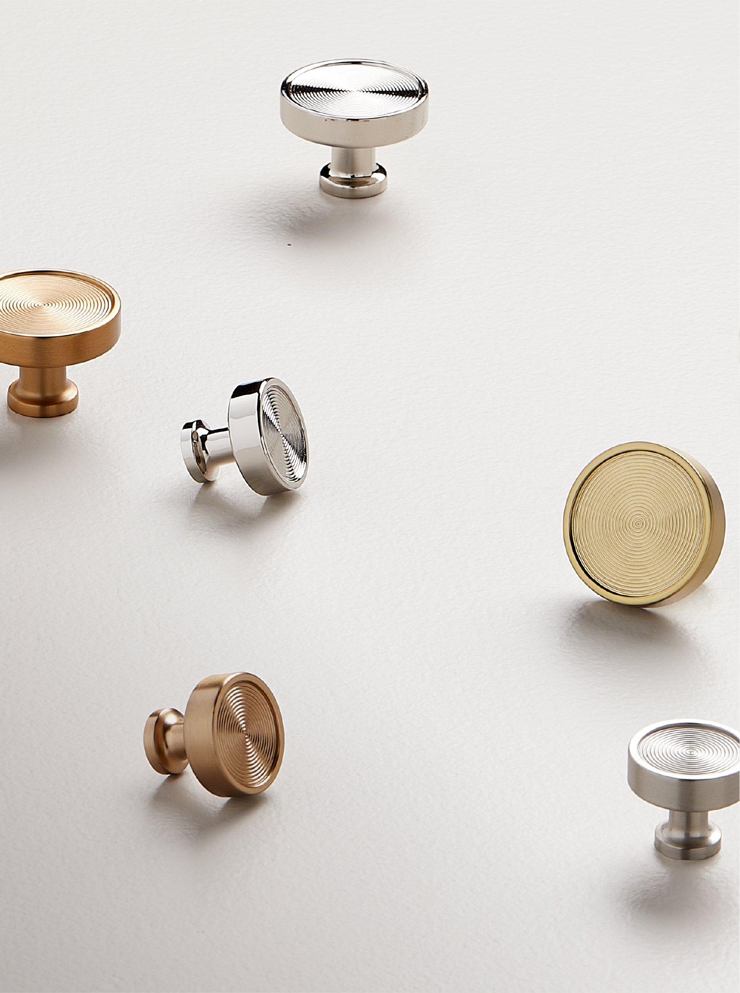 Orwell Radial Textured Round Cabinet Knob - Brushed Gold, Polished Chrome, Champagne Bronze