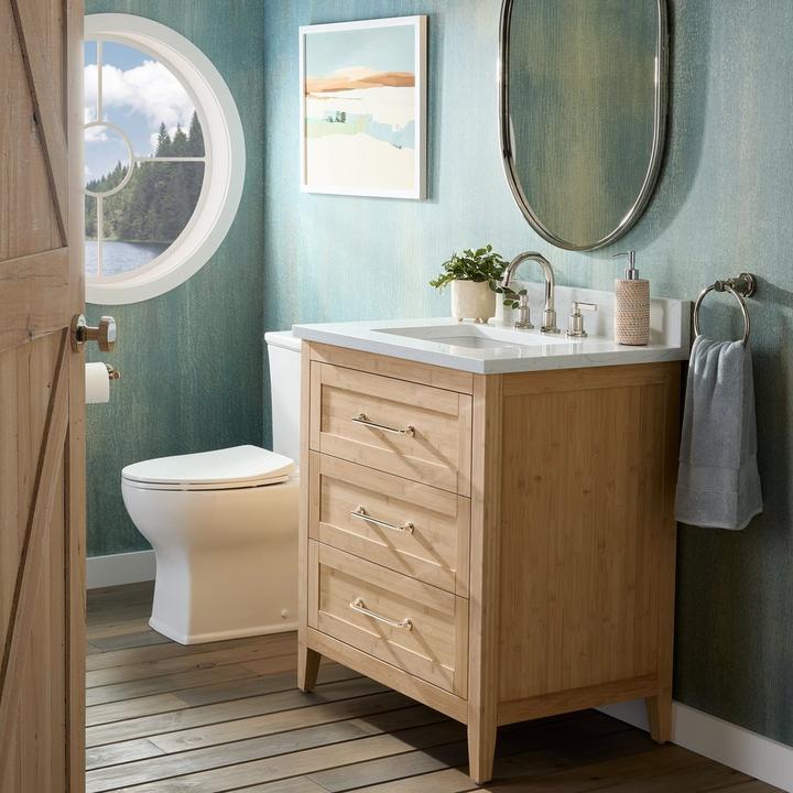 Coastal Japandi Bathroom, Arrietty in Natural Bamboo, Greyfield Widespread Faucet in Chrome