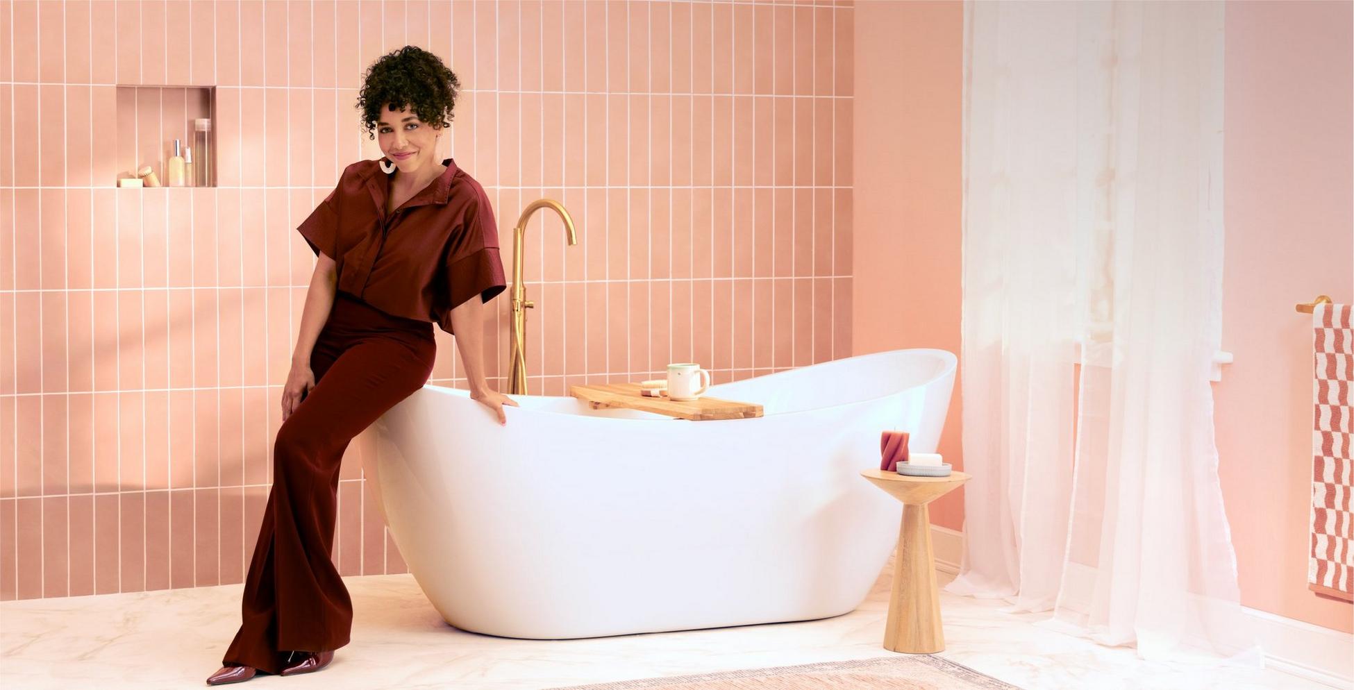 Sheba Tub, Lentz Freestanding Tub Faucet in Brushed Gold