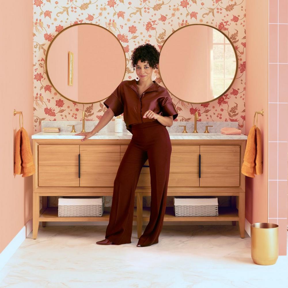 72 inch Aliso Console Vanity in Natural Teak, Lentz Widespread Bathroom Faucet in Brushed Gold