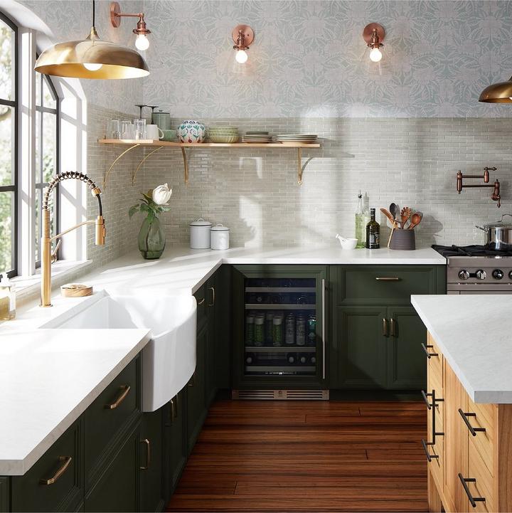 Kitchen with Eiler Kitchen Faucet in Brushed Gold, Traditional Pot Filler in Aged Brass