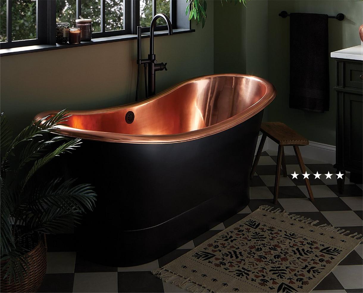 70 inch Thaine Copper Double-Slipper Pedestal Soaking Tub - Antique Black