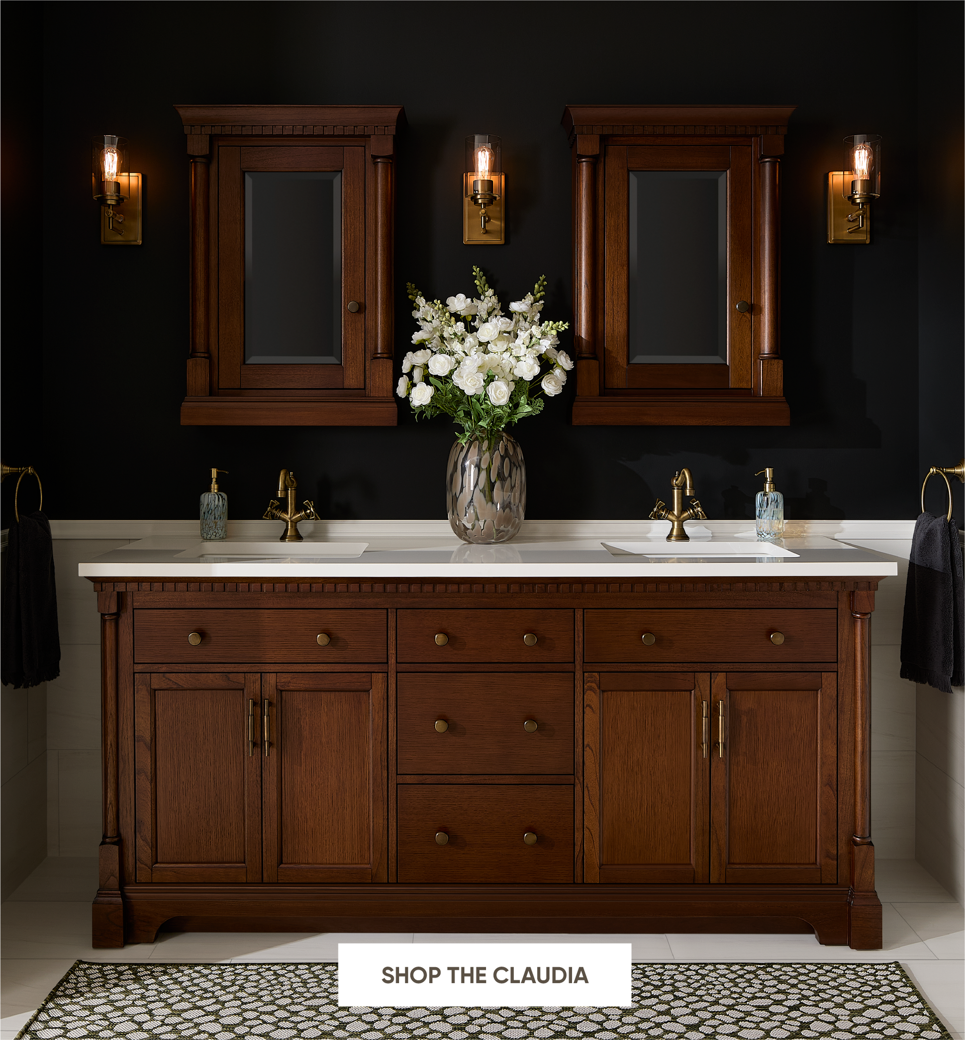 72 inch Claudia Double Vanity - Antique Coffee with Rect Undermount Sinks - Carrara Marble Widespread