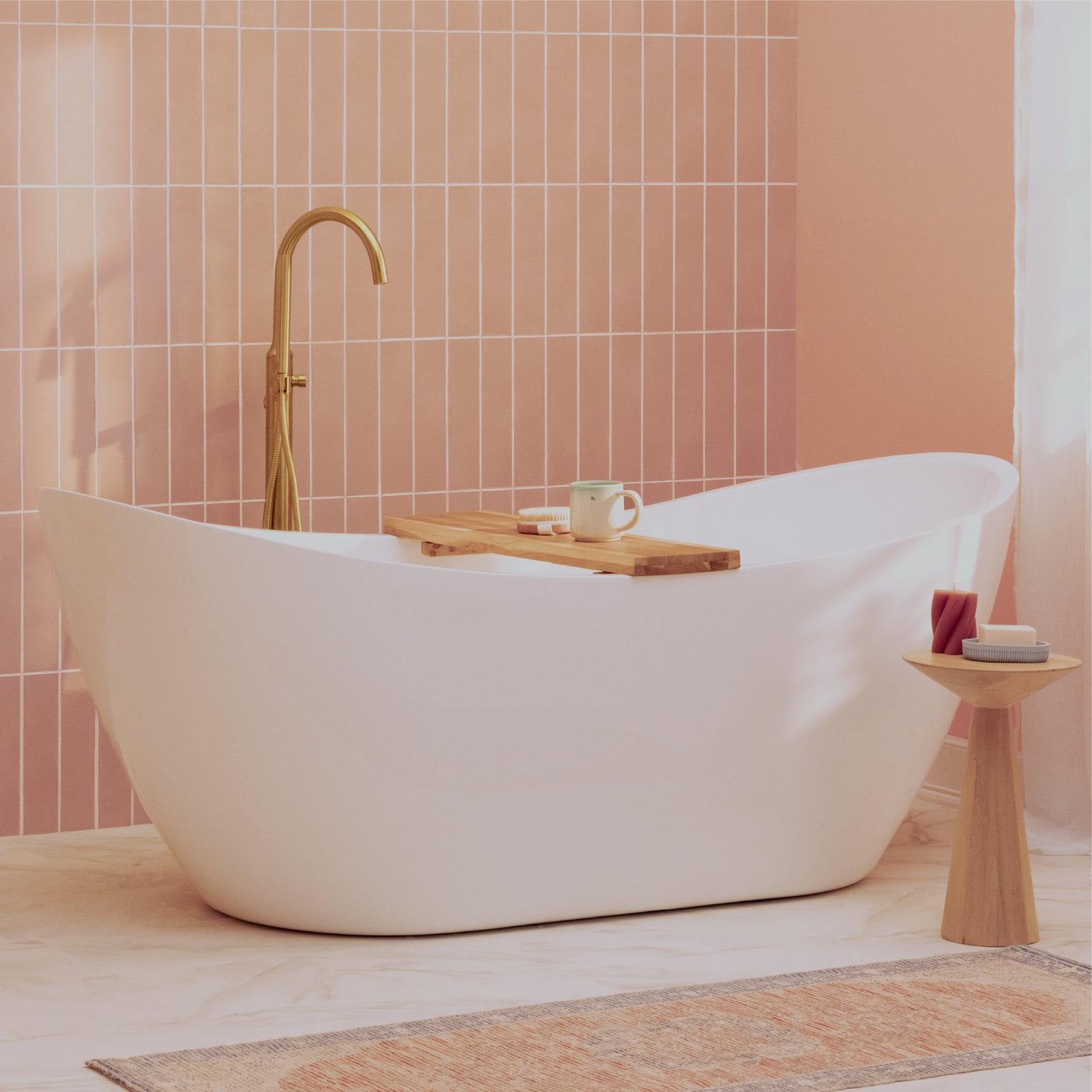 Sheba Acrylic Tub, Lexia Freestanding Tub Faucet - Brushed Gold