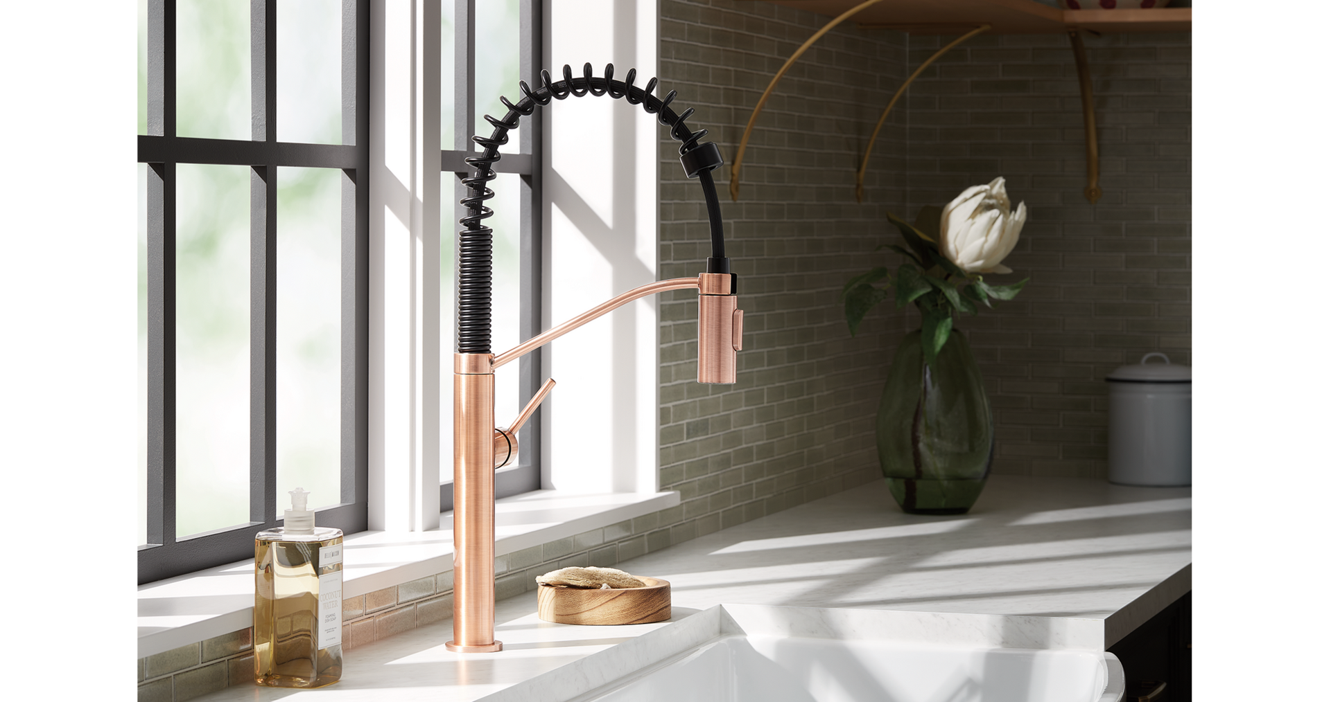 Kitchen with the Eiler Single-Hole Kitchen Faucet with Pull-Down Spring Spout in Satin Copper for copper kitchen accessories