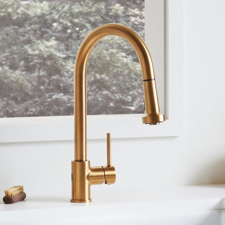 Ridgeway Pull-Down Touchless Kitchen Faucet in Brushed Gold for luxury gourmet kitchen