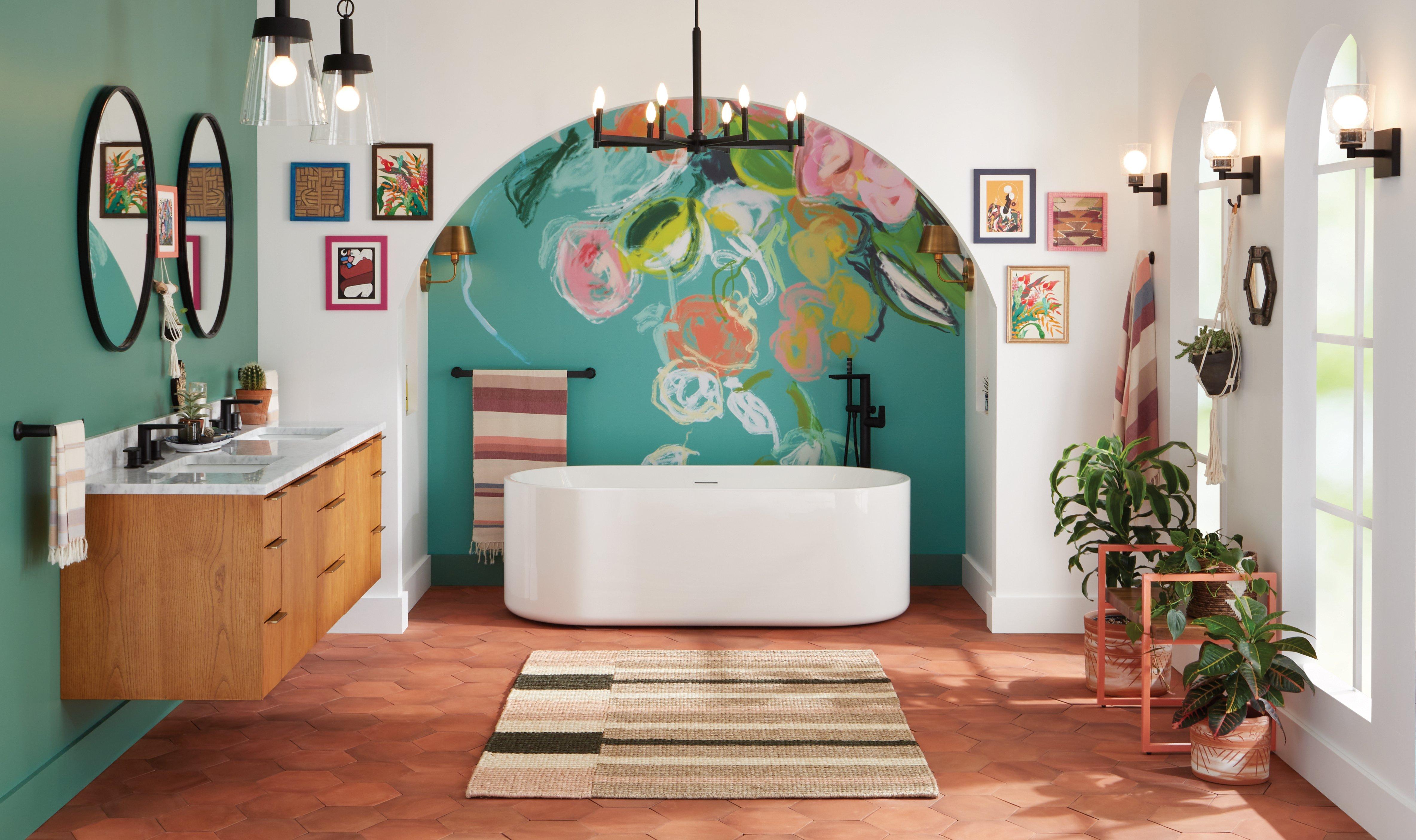 Eclectic style bathroom with the 72" Dita Wall-Mount Double Vanity in Honey Oak, 67" Conroy Acrylic Freestanding Tub