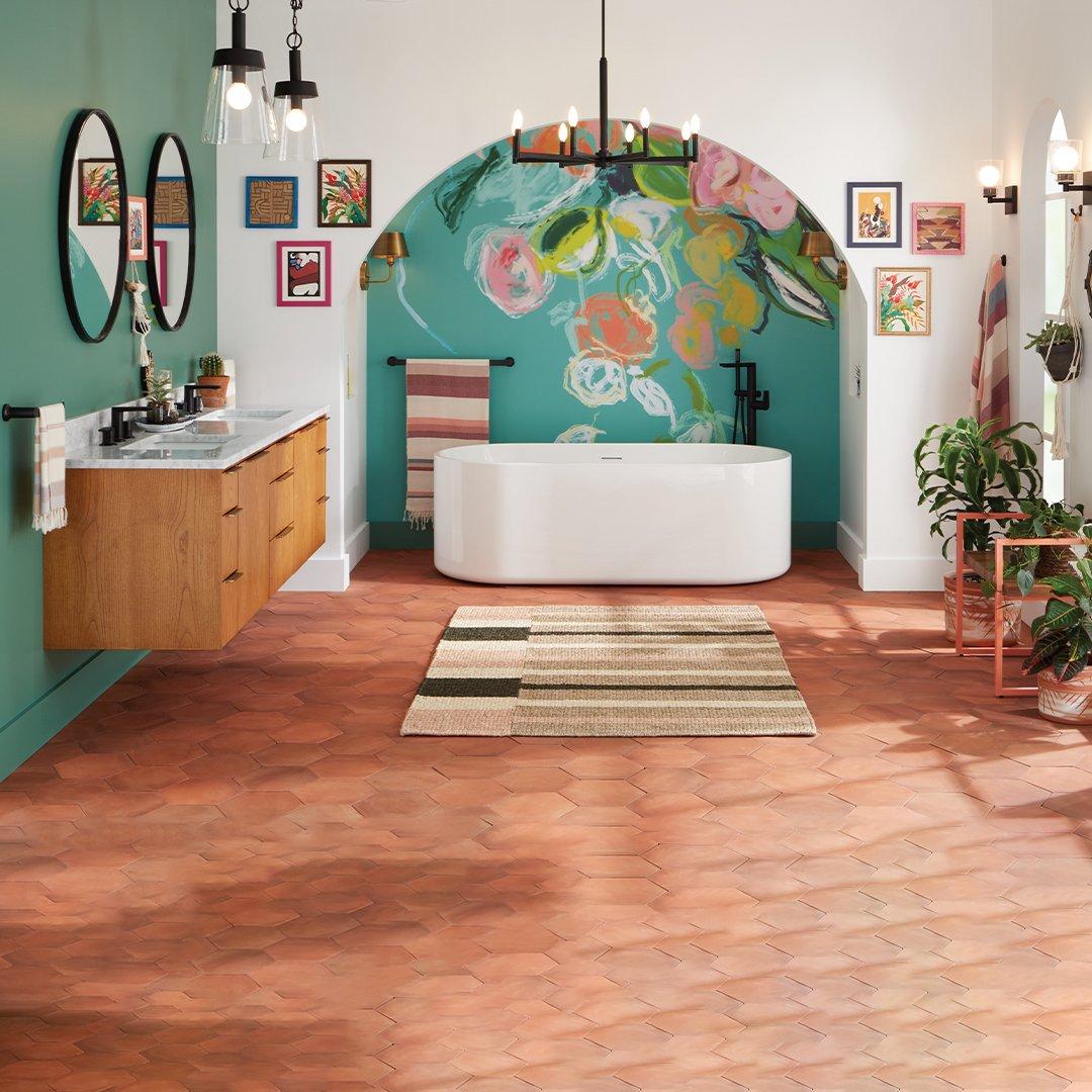 Eclectic style bathroom with the 72" Dita Wall-Mount Double Vanity in Honey Oak, 67" Conroy Acrylic Freestanding Tub