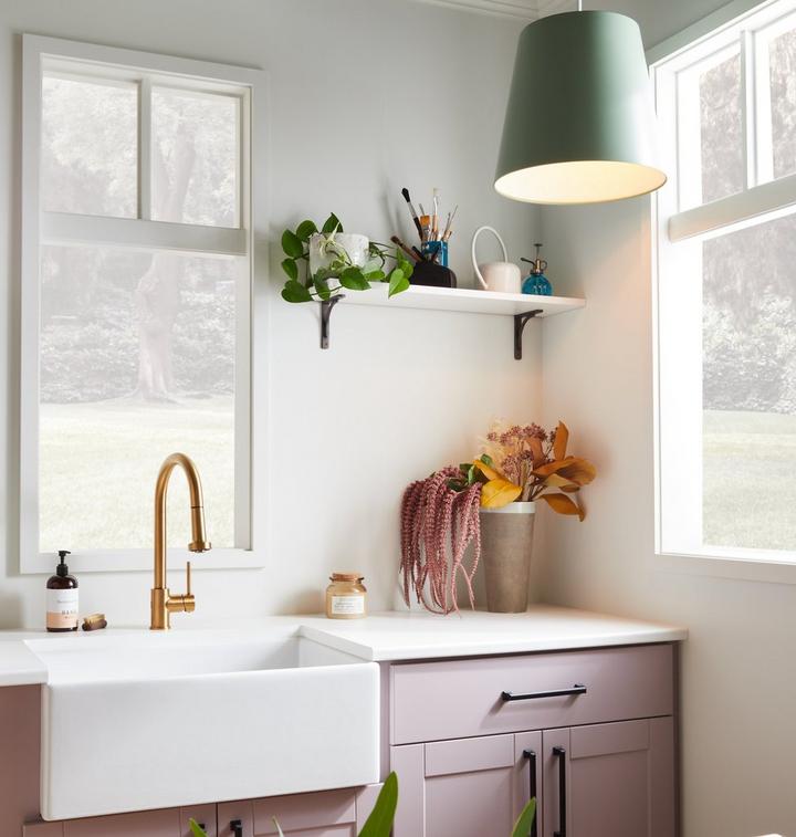 Craft room with Wegner 3-Light Pendant in Green, Ridgeway Kitchen Faucet in Brushed Gold, Rubeus Cabinet Pull in Matte Black