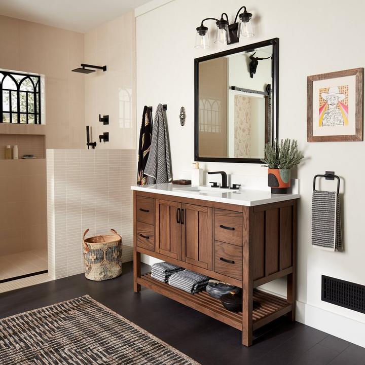 craftsman style bathroom featuring the 48" Ansbury Console Vanity in Homestead Oak, Hibiscus Bathroom Faucet in Matte Black