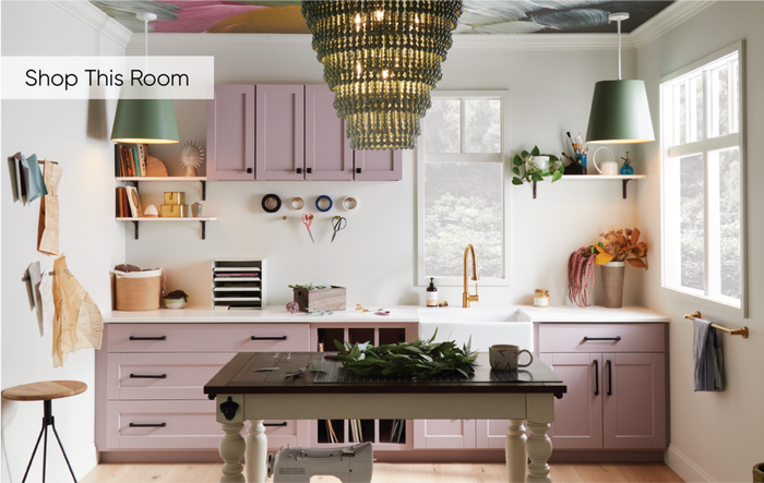 Well organized craft room with the Rubeus Cabinet Pull & Knob in Mate Black, Ridgeway Kitchen Faucet in Brushed Gold