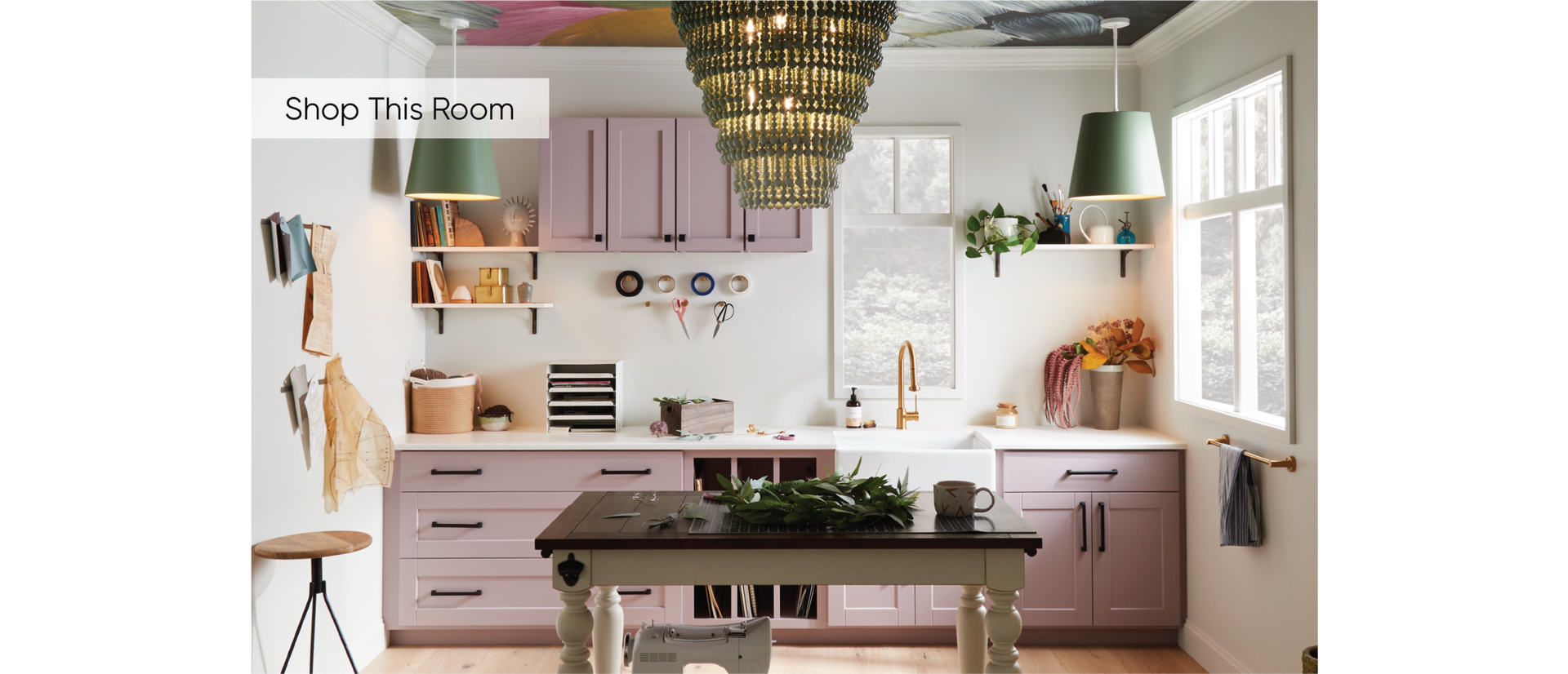 Well organized craft room with the Rubeus Cabinet Pull & Knob in Mate Black, Ridgeway Kitchen Faucet in Brushed Gold