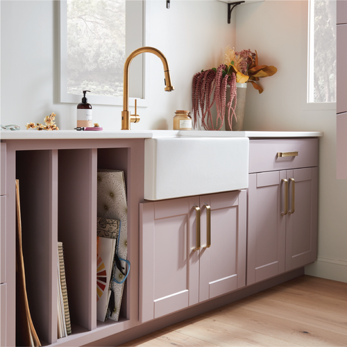 Well organized craft room with Rowena Fireclay Farmhouse Sink