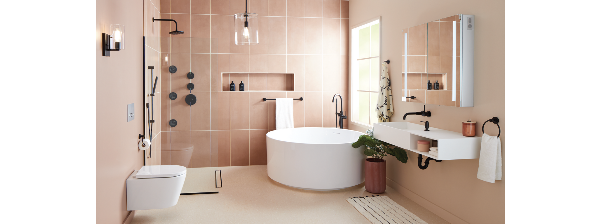 Wet room with the Lexia Wall-Mount Faucet, Tub Faucet, Pressure Balance Shower System in Matte Black for minimal spaces