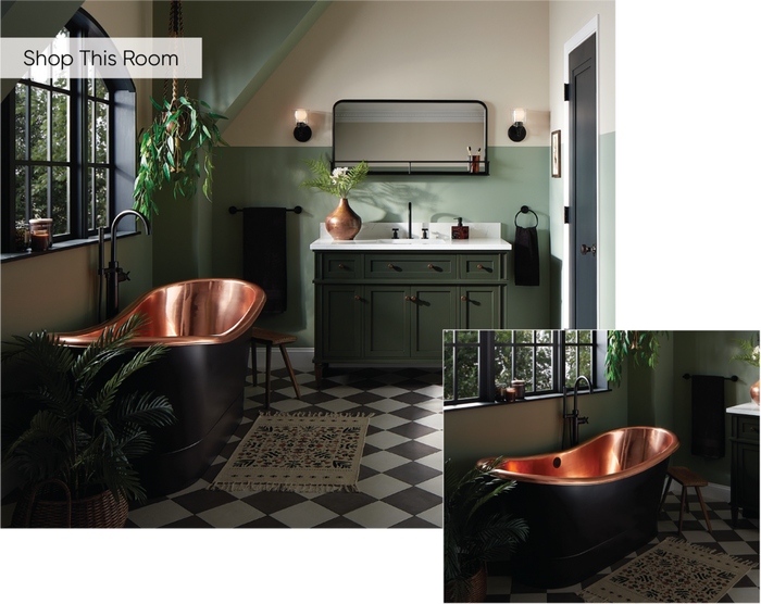 48" Elmdale Vanity in Dark Olive Green, 70" Thaine Black Copper Tub, Vassor Widespread Faucet in Matte Black for unique spaces