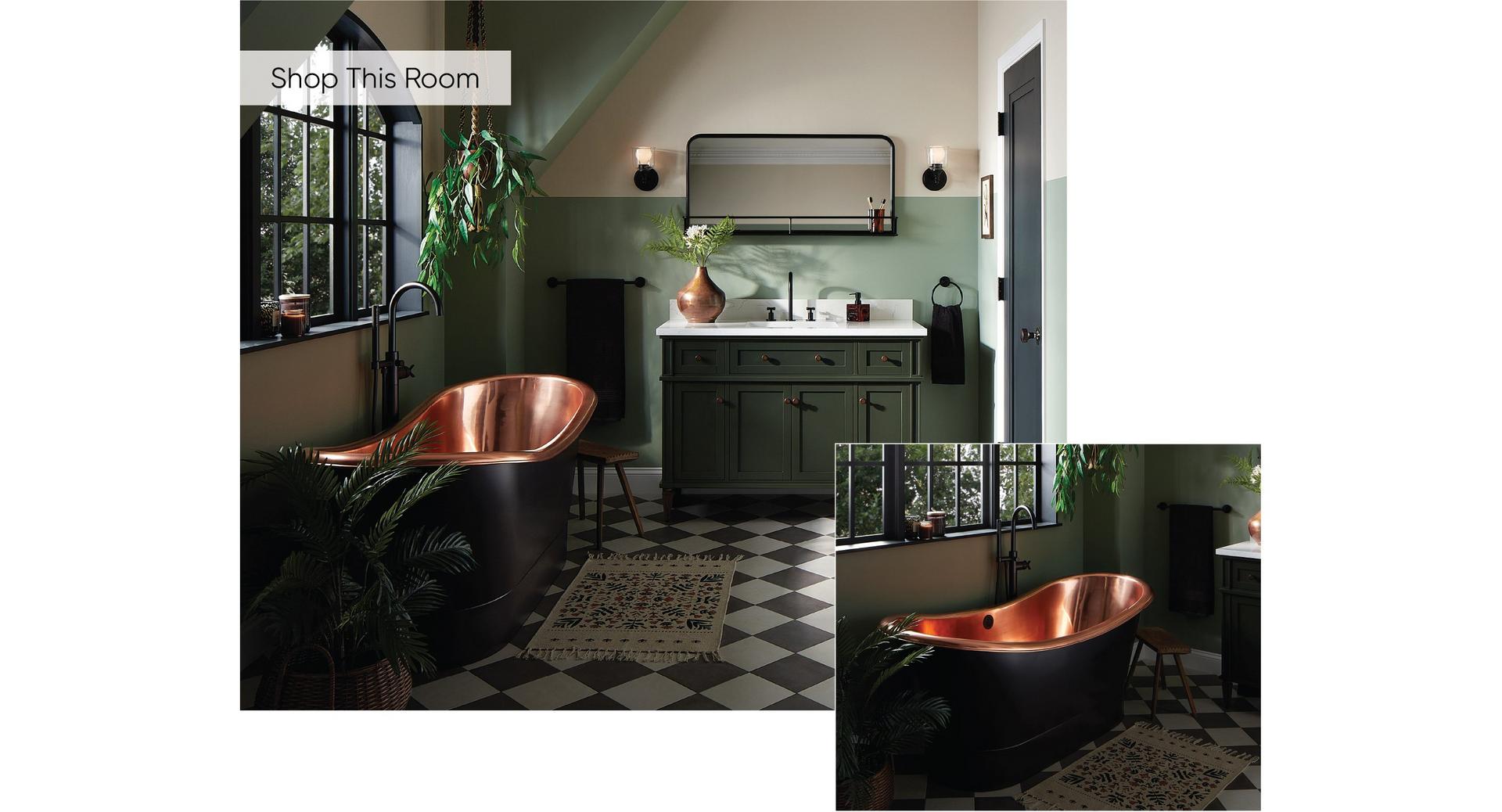 48" Elmdale Vanity in Dark Olive Green, 70" Thaine Black Copper Tub, Vassor Widespread Faucet in Matte Black for unique spaces