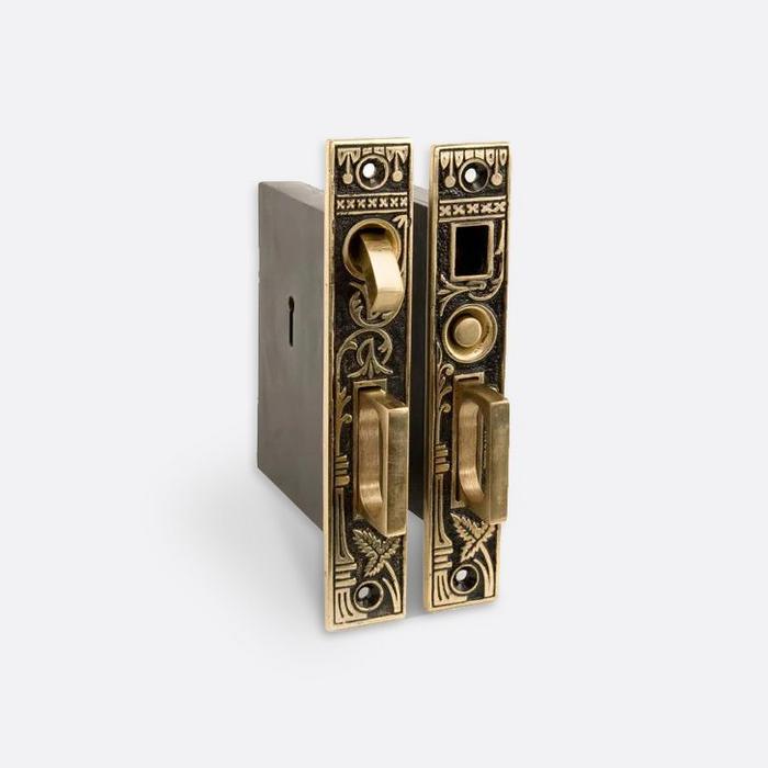 Small Leaf Double Pocket Door Mortise Lock in Blackened Brass