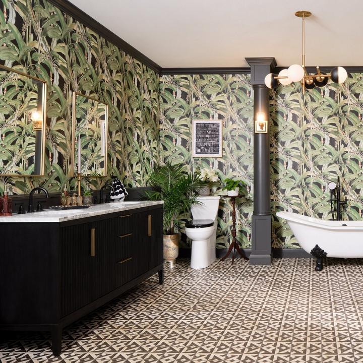 Eclectic bathroom with the 72" Manolin Vanity Arcadian Black, 67" Lena Cast Iron Clawfoot Tub with Matte Black Monarch Feet