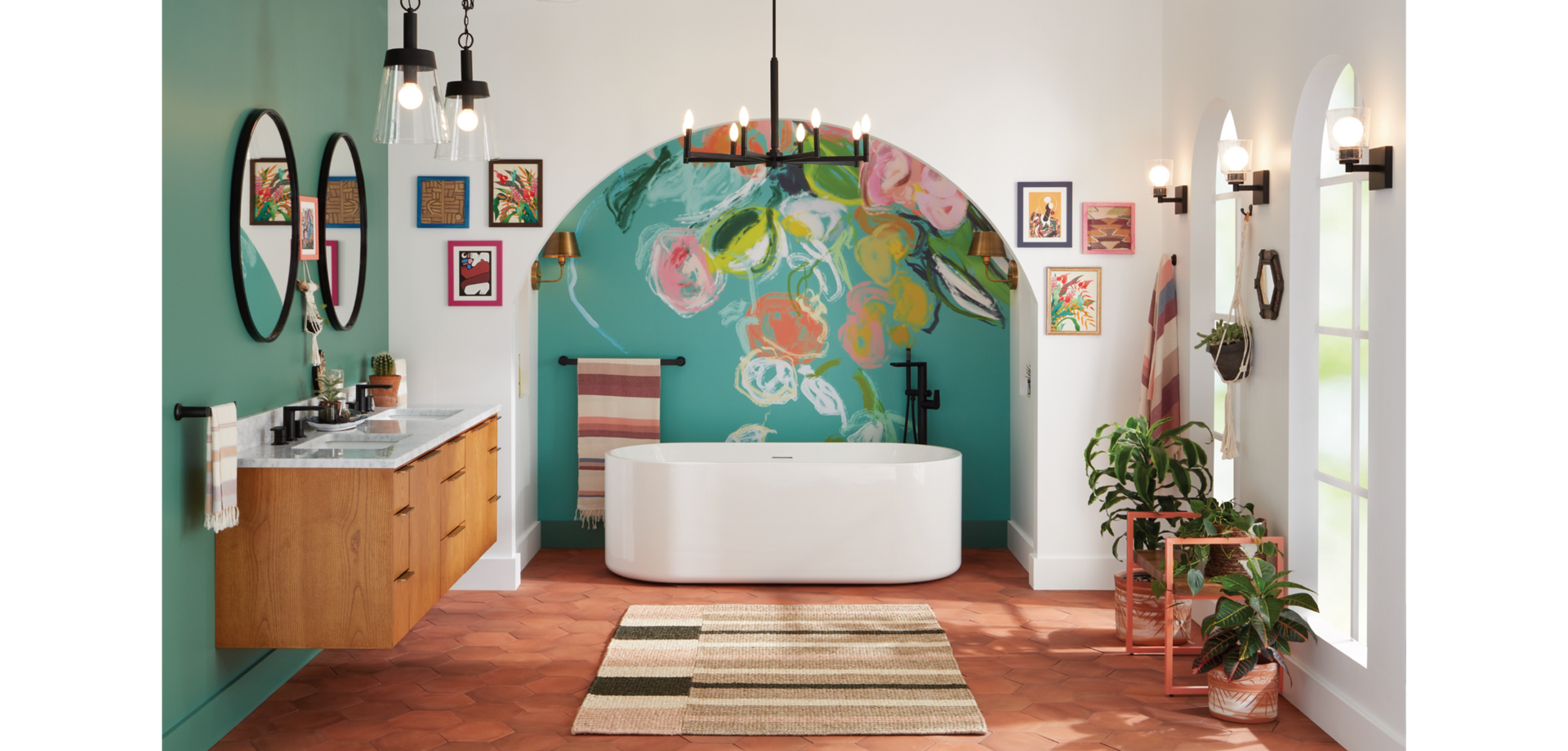 Eclectic style bathroom with the 72" Dita Wall-Mount Vanity in Honey Oak, Conroy Freestanding Tub, Berwyn Bathroom Collection