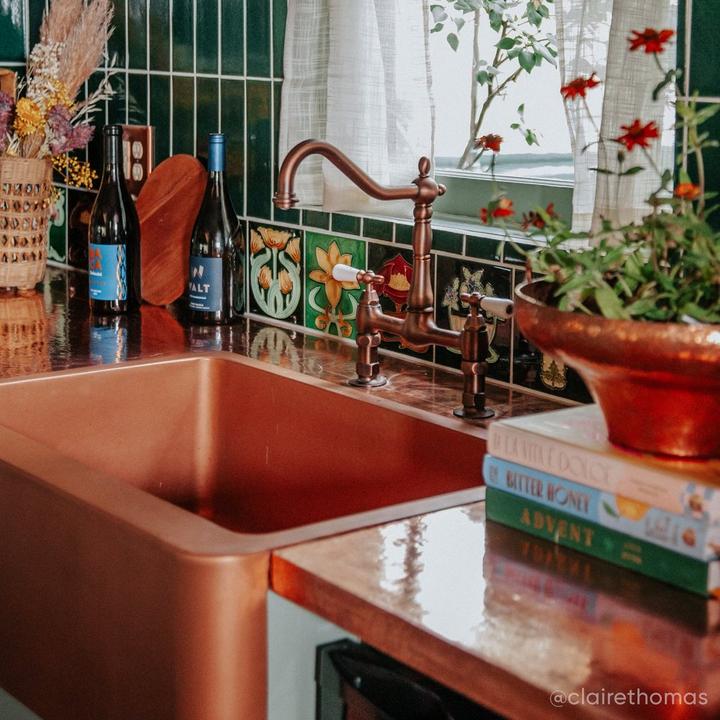 Eclectic kitchen with the 30" Kembla Copper Farmhouse Sink