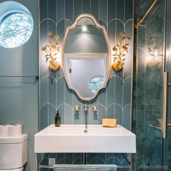 Eclectic bathroom with the Ballantine Wall-Mount Bathroom Faucet in Chrome, Braewood Decorative Vanity Mirror in Iron