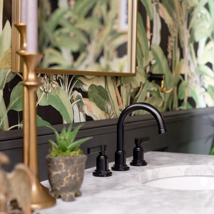 Greyfield Widespread Faucet in Matte Black, Dampier Decorative Vanity Mirror in Antique Brass for eclectic décor ideas
