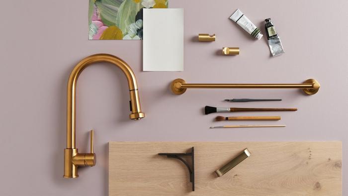 Eclectic design moodboard with the Ridgeway Kitchen Faucet, Lexia Towel Rod in Brushed Gold, Orvin Cabinet Knob in Satin Brass