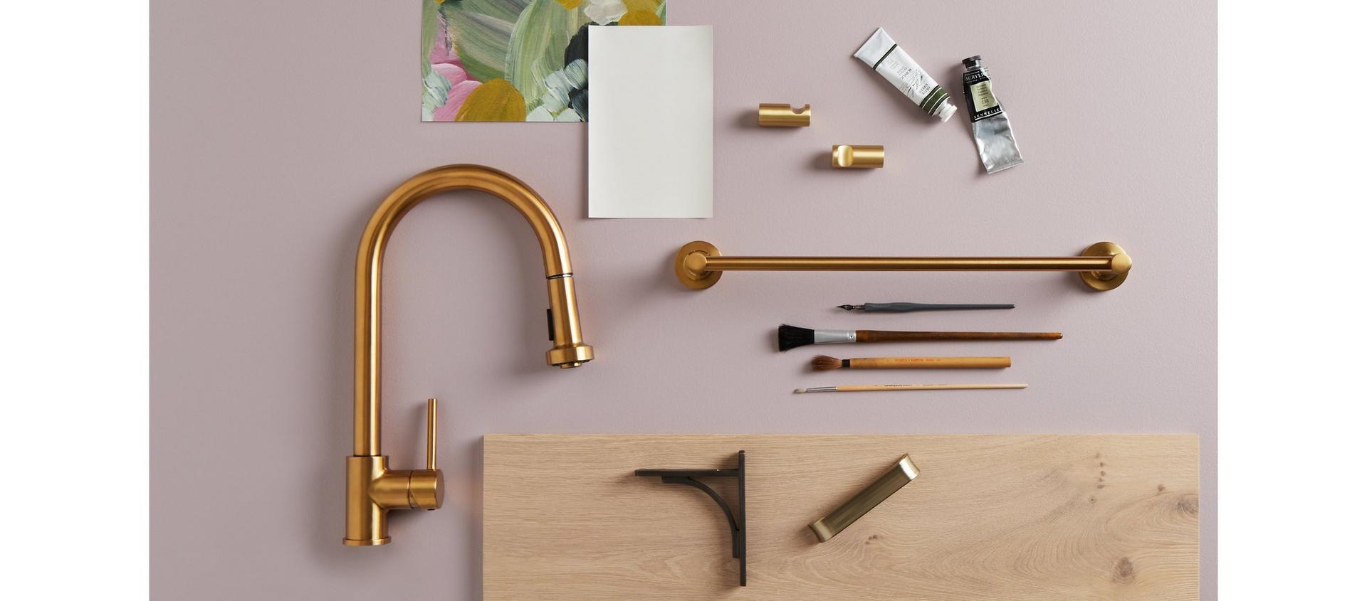 Eclectic design moodboard with the Ridgeway Kitchen Faucet, Lexia Towel Rod in Brushed Gold, Orvin Cabinet Knob in Satin Brass