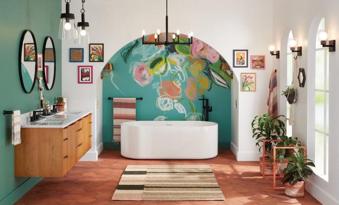 Eclectic style bathroom with the 72" Dita Wall-Mount Vanity in Honey Oak, Conroy Freestanding Tub, Berwyn Bathroom Collection
