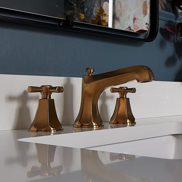 Elita Widespread Bathroom Faucet in Brushed Gold, 72" Aliso Vanity in Charred Timber Black