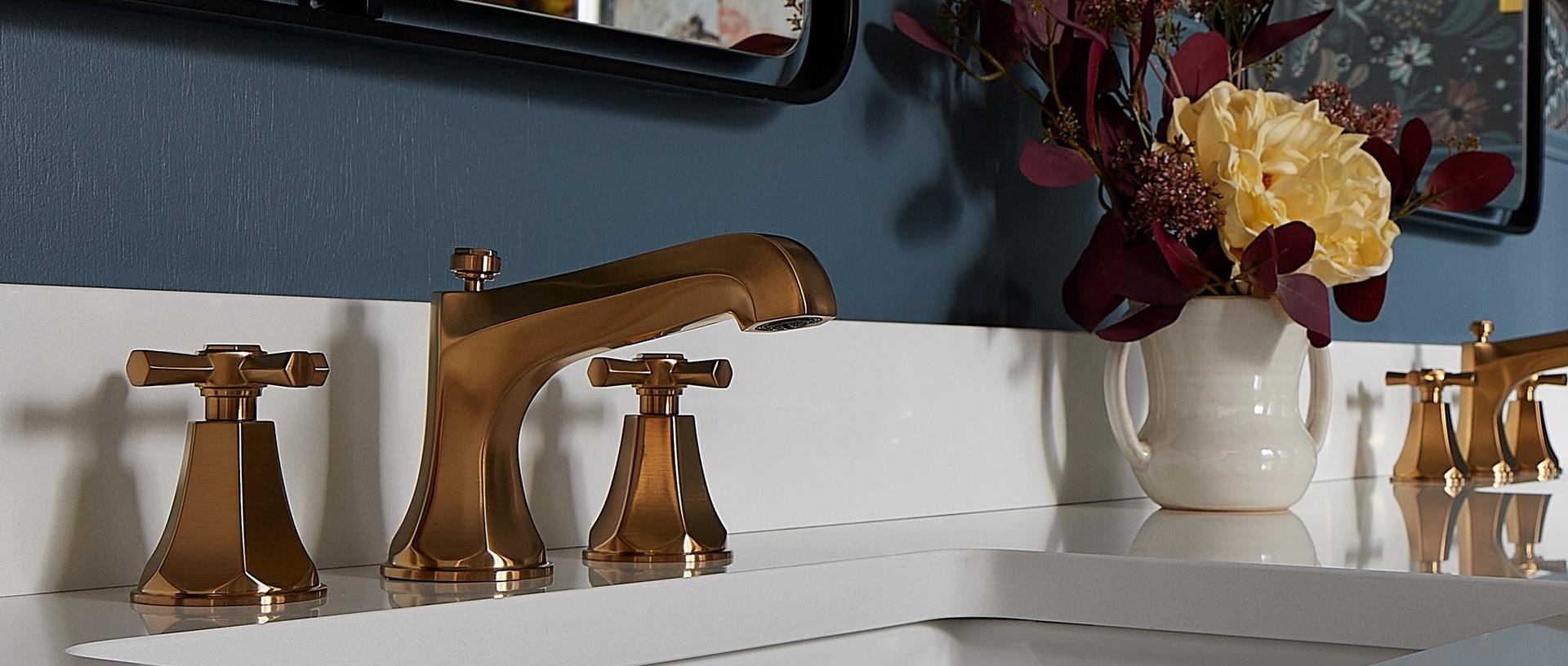 Elita Widespread Bathroom Faucet with Cross Handles in Brushed Gold