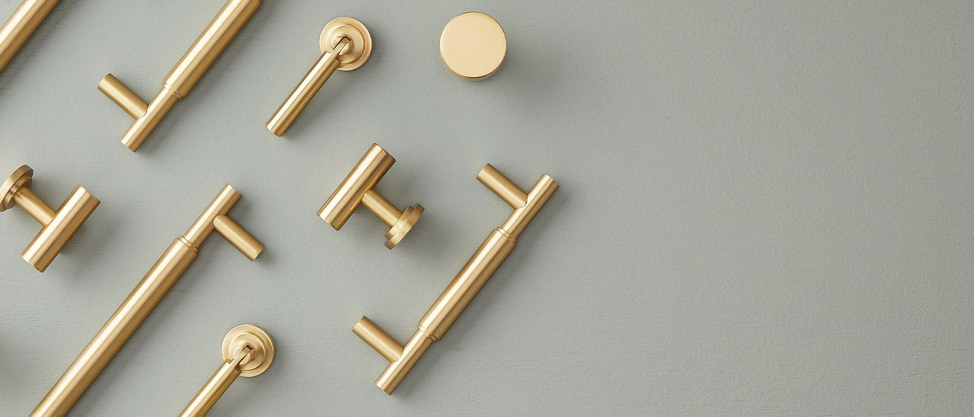 Colmar Solid Brass Cabinet Pull and Brass T Knob in Satin Brass