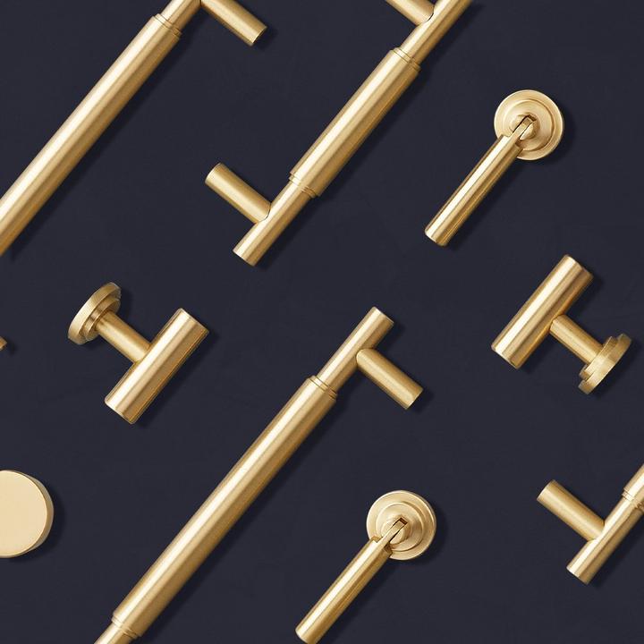 Colmar Solid Brass Cabinet Pull, Cabinet Knob, and Brass T Knob in Satin Brass