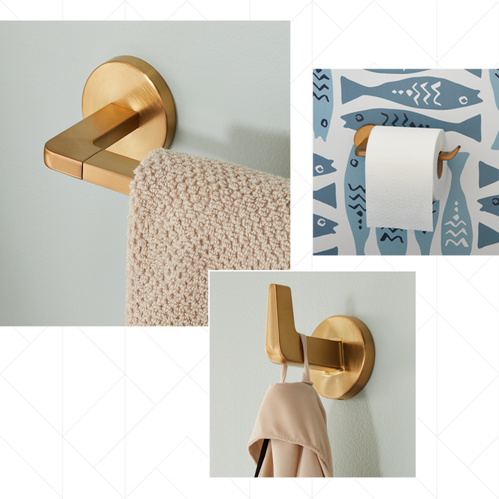 Drea Towel Bar, Robe Hook, Toilet Paper Holder - Brushed Gold