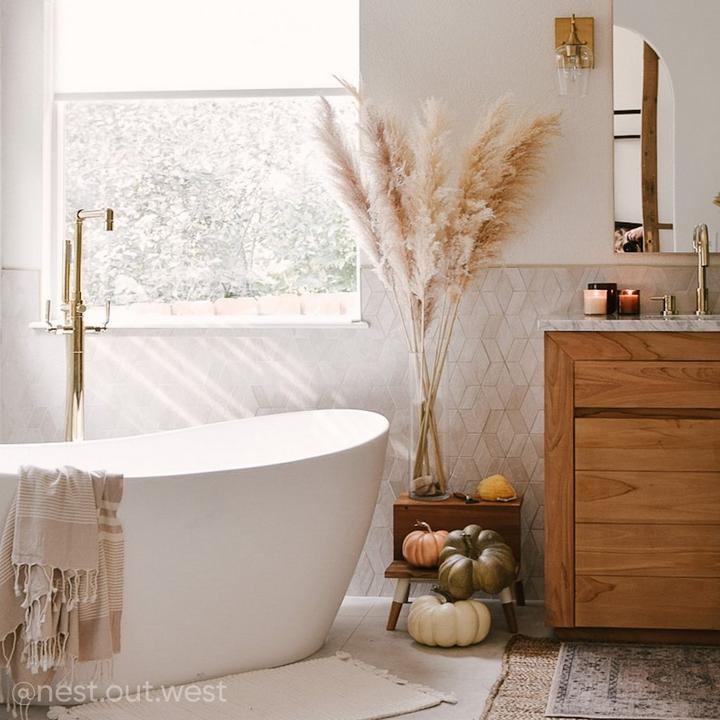 Farmhouse bathroom with the 56" Winifred Solid Surface Freestanding Tub,