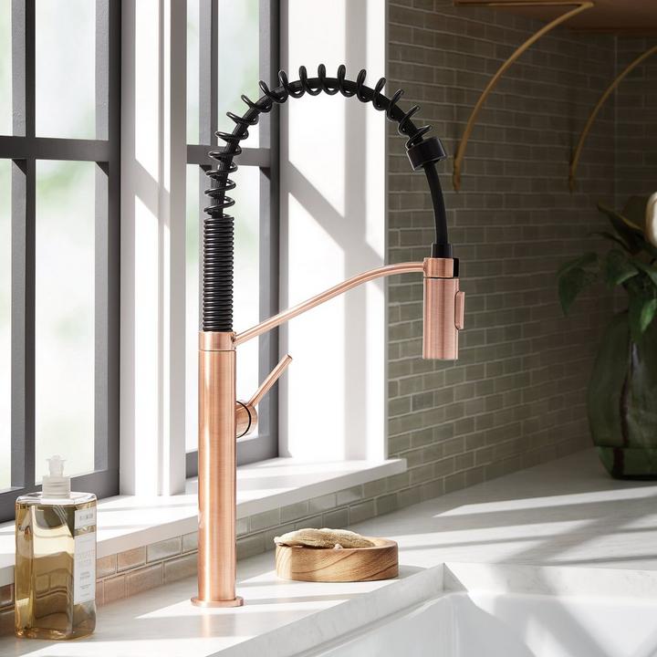 Eiler Single-Hole Kitchen Faucet with Pull-Down Spring Spout in Satin Copper for installing kitchen fixtures