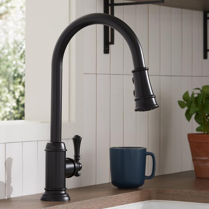 Amberley Single-Hole Pull-Down Kitchen Faucet, Harridge Shelf Bracket in Matte Black