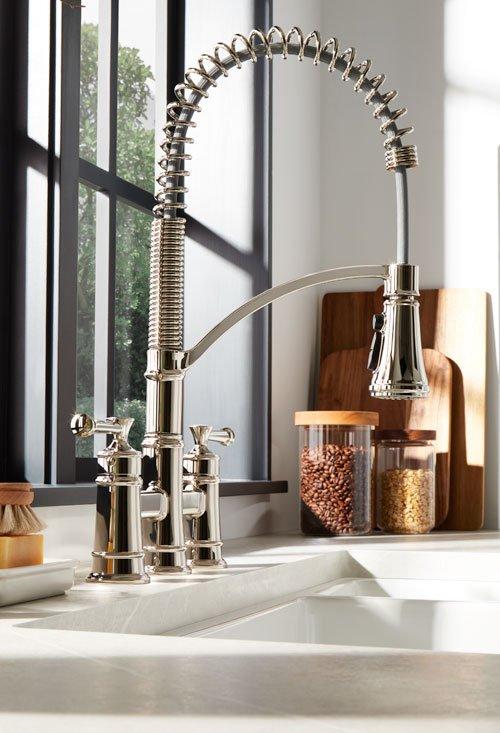 Beasley Bridge Kitchen Faucet with Pull-Down Spring Spout in Polished Nickel