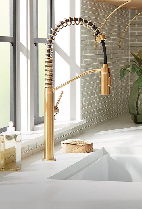 Eiler Single-Hole Kitchen Faucet with Pull-Down Spring Spout in Brushed Gold