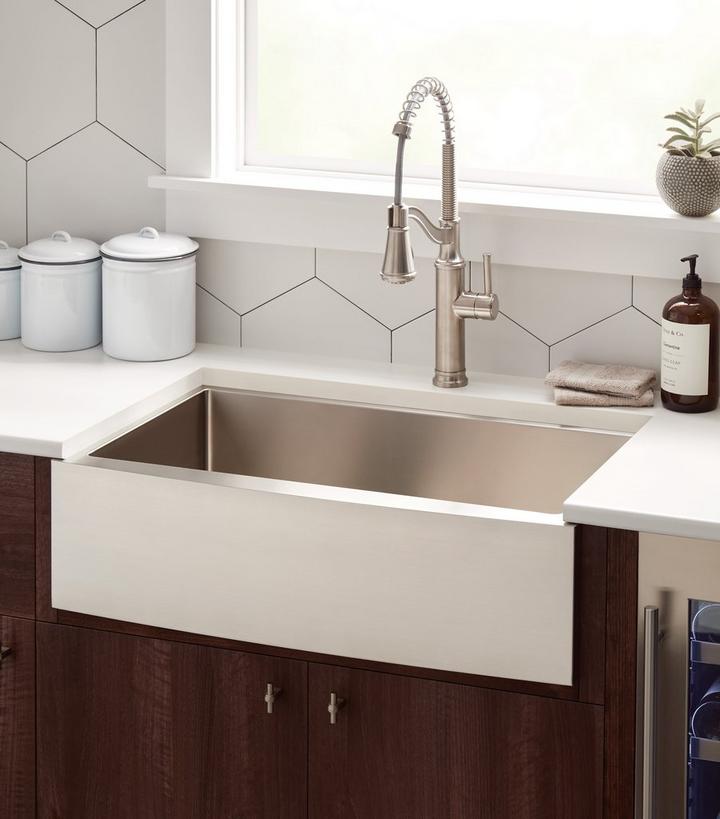 farmhouse kitchen sink with spring spout faucet