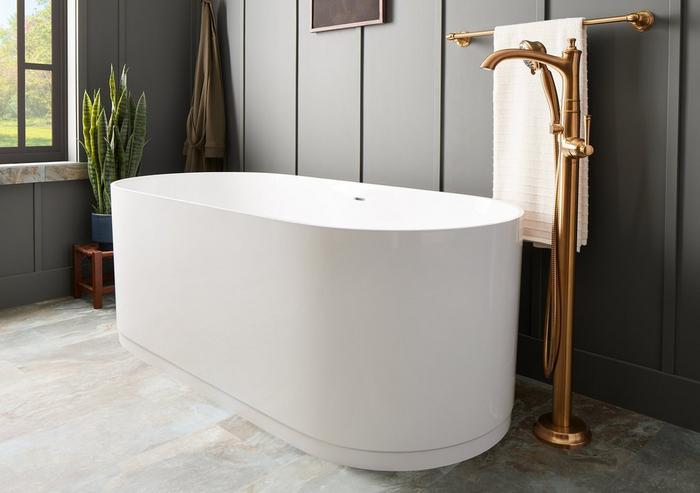 66" Lolani Solid Surface Freestanding Tub, Beasley Freestanding Tub Faucet - Brushed Gold