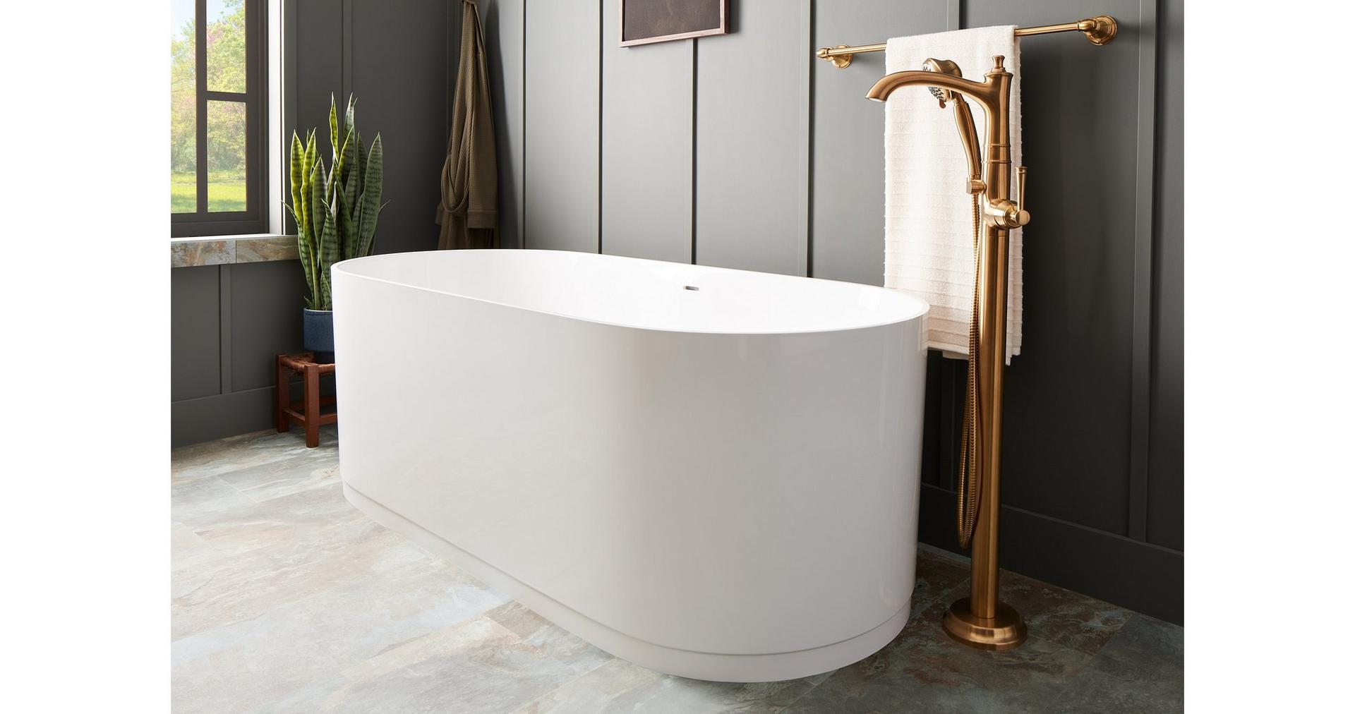 66" Lolani Solid Surface Freestanding Tub, Beasley Freestanding Tub Faucet - Brushed Gold