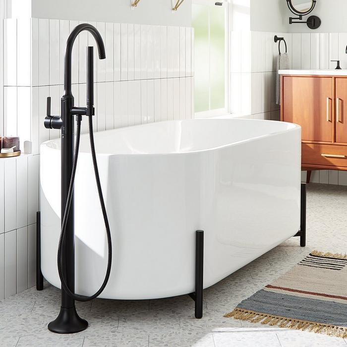 67" Conroy Acrylic Freestanding Tub with Matte Black Stand, Lentz Freestanding Tub Faucet in Matte Black