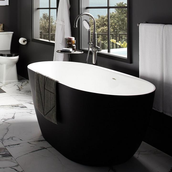 59" Catino Solid Surface Freestanding Tub with Matte White Interior & Matte Black Exterior for industrial style
