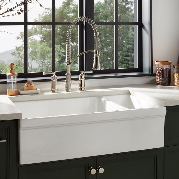 36" Gallo 80/20 Double-Bowl Fireclay Farmhouse Sink in White for function kitchen design