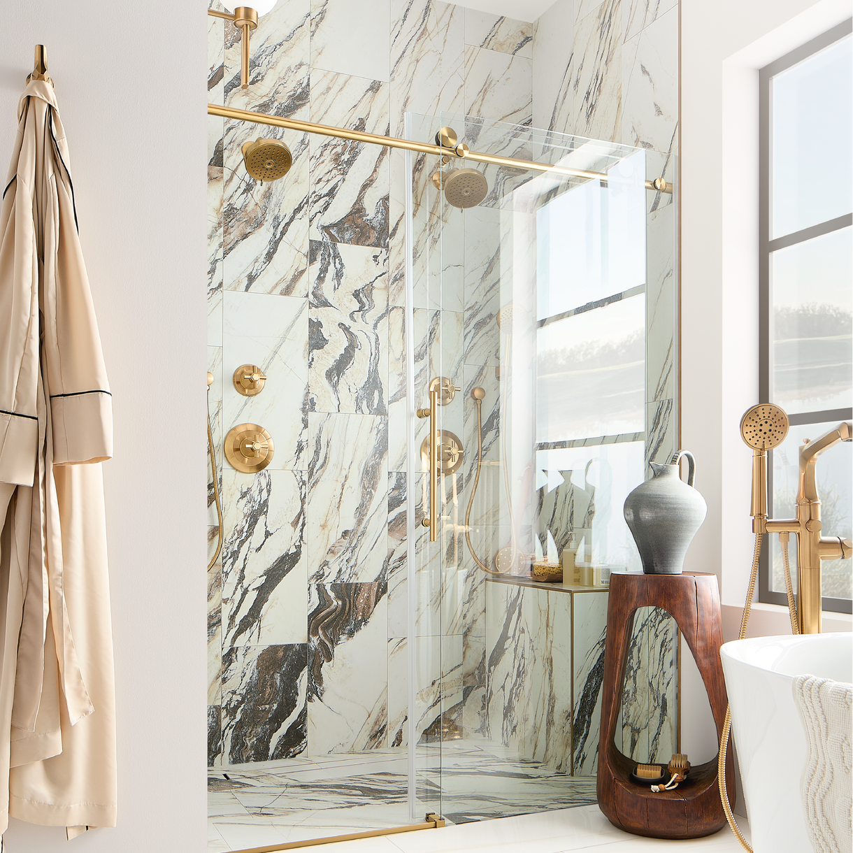 Elita Pressure Balance Shower System with Hand Shower - Cross Handles, Freestanding Tub Faucet - Brushed Gold